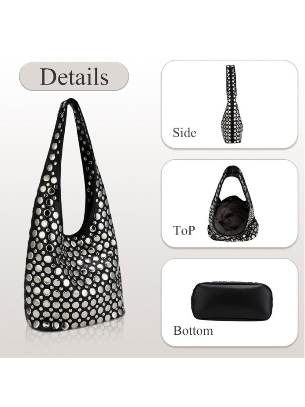 Punk-Inspired Studded HOBO Bag Luxury Trendy Chic Shoulder Handbag PU Leather - Picture 3 of 7